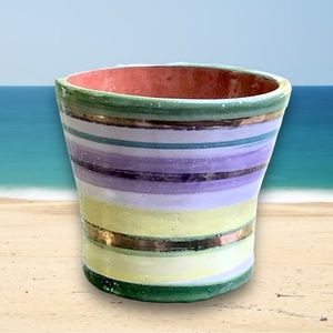 Pottery Vase in Lavender Green Yellow & Metallic Gold Stripes/Pen-Pencil Holder